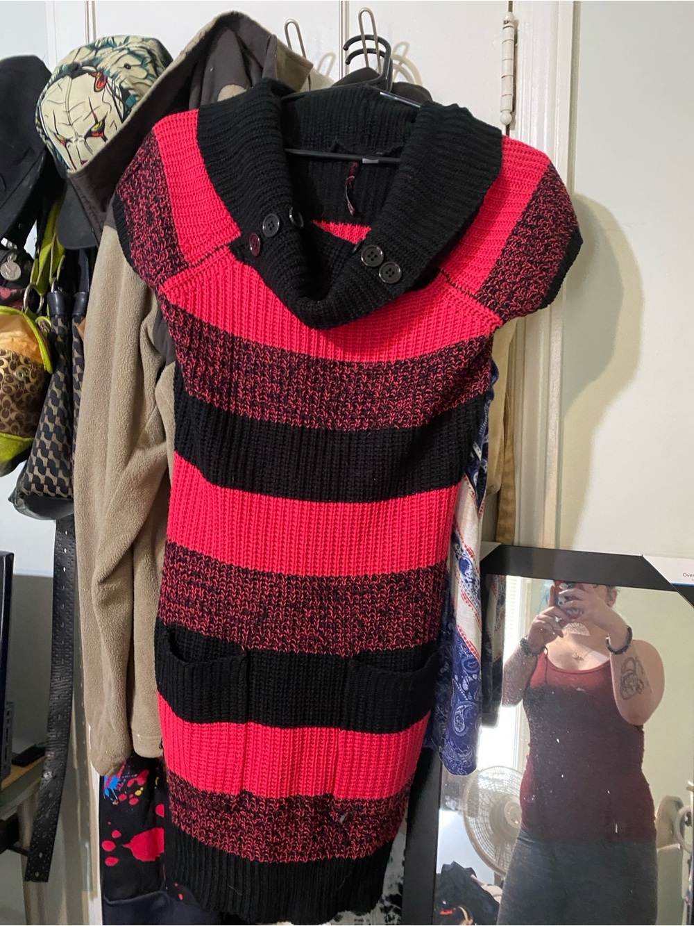Striped Cowl Neck Sweater Dress in Black & Hot Pink